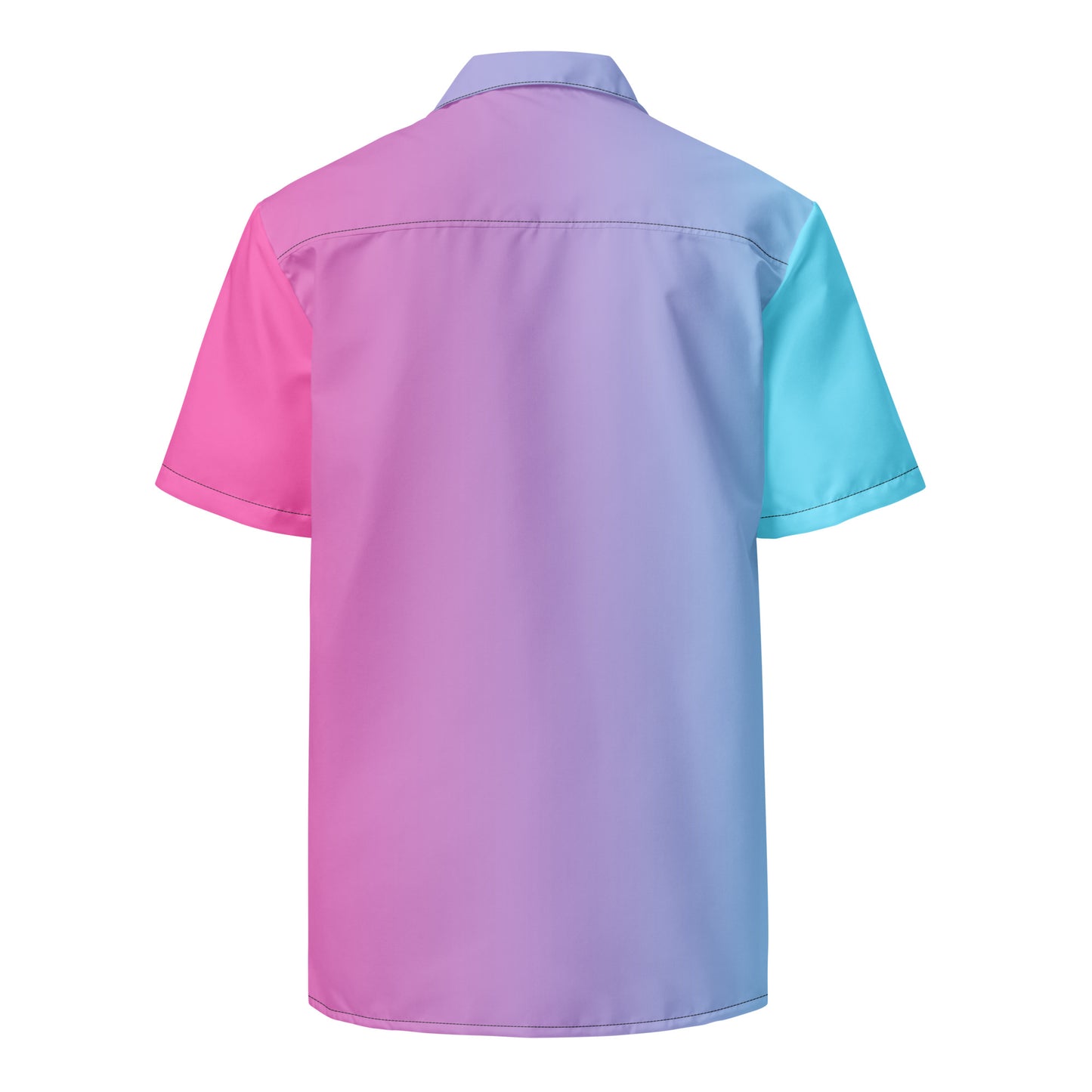 Back of button-down shirt with color scheme that fades from light blue, to purple, to pink.