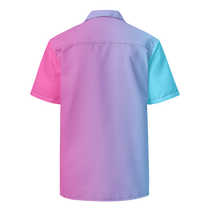 Back of button-down shirt with color scheme that fades from light blue, to purple, to pink.