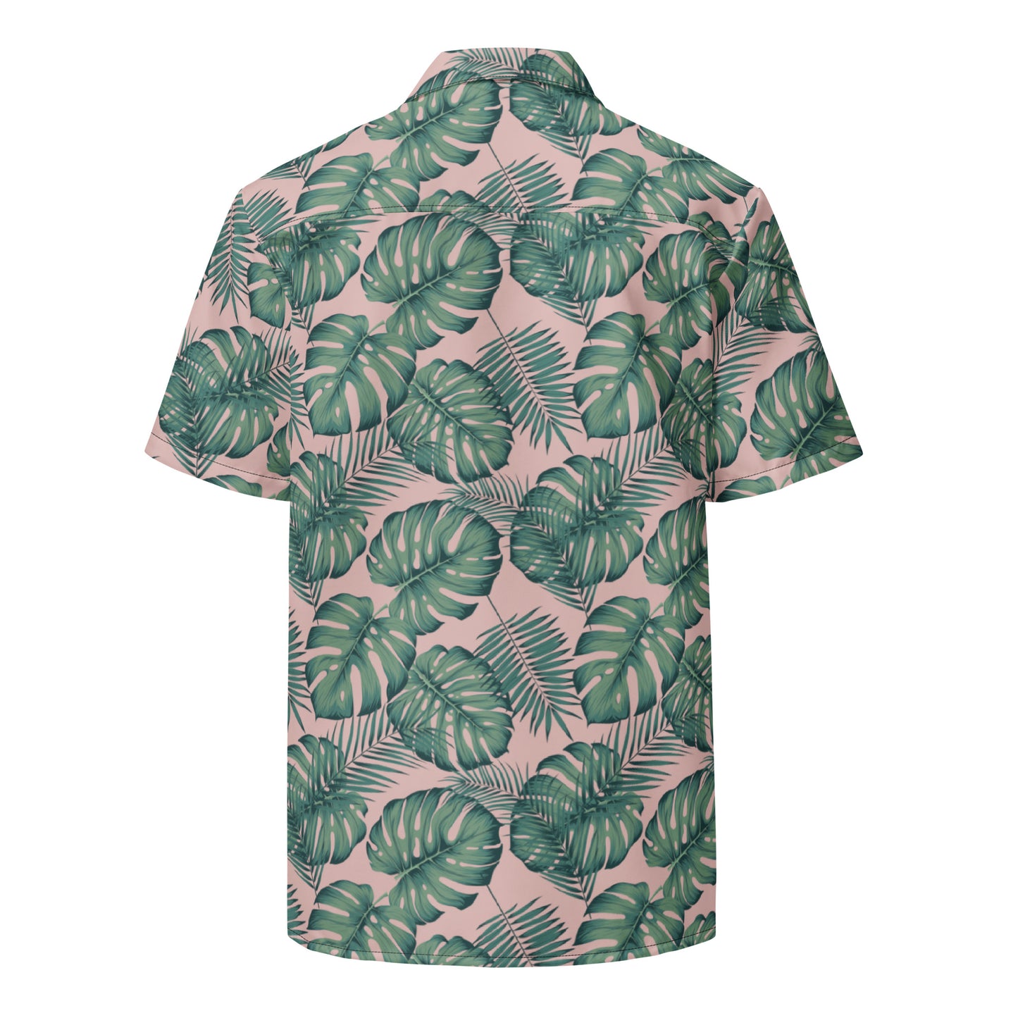 Back of button-down shirt with pattern of green palm leaves set on a pink background.