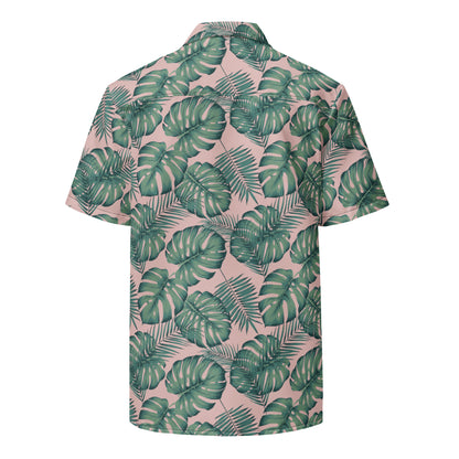 Back of button-down shirt with pattern of green palm leaves set on a pink background.