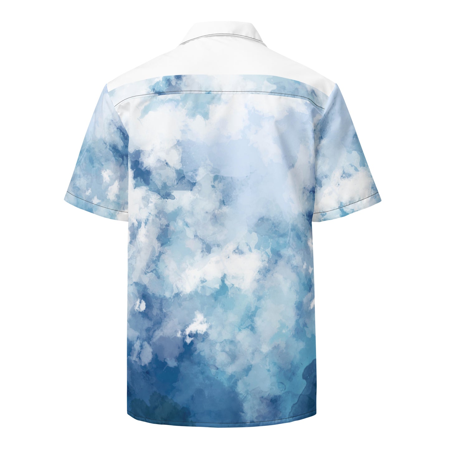 Back of button-down shirt with blue-white pattern resembling watercolor.