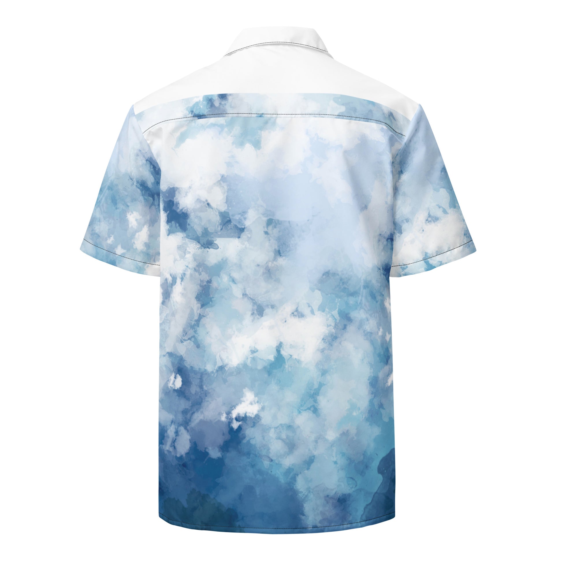Back of button-down shirt with blue-white pattern resembling watercolor.