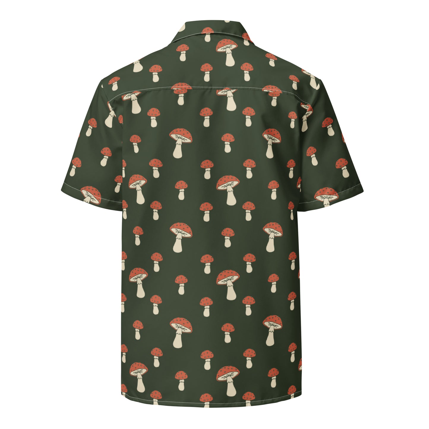 Back of button-down shirt with pattern of mushrooms set on a green background.