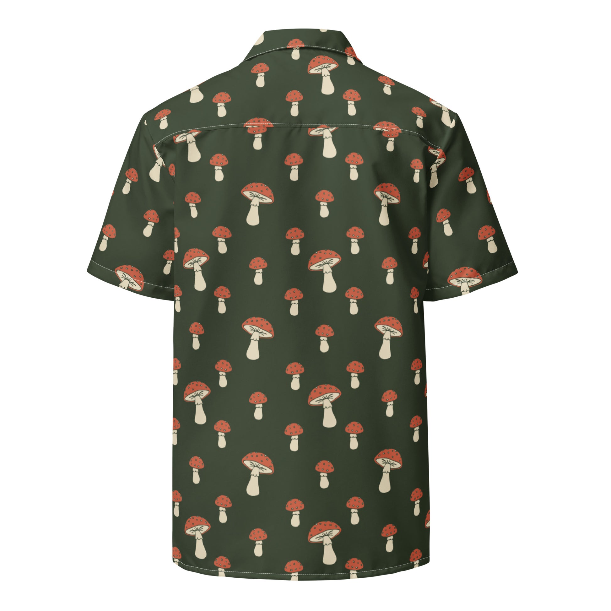 Back of button-down shirt with pattern of mushrooms set on a green background.