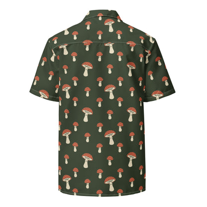 Back of button-down shirt with pattern of mushrooms set on a green background.