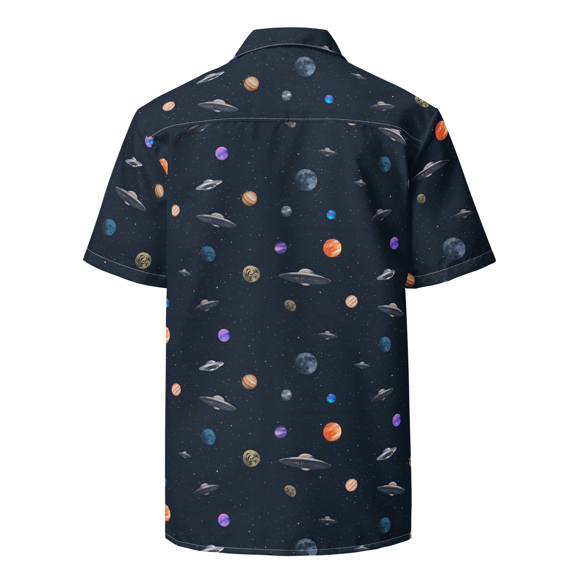 Button-down shirt with pattern of UFOs and planets in space.