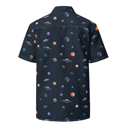 Button-down shirt with pattern of UFOs and planets in space.