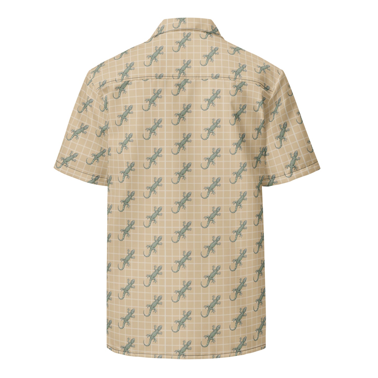 Beige button-down shirt with pattern of green geckos.