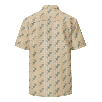 Beige button-down shirt with pattern of green geckos.