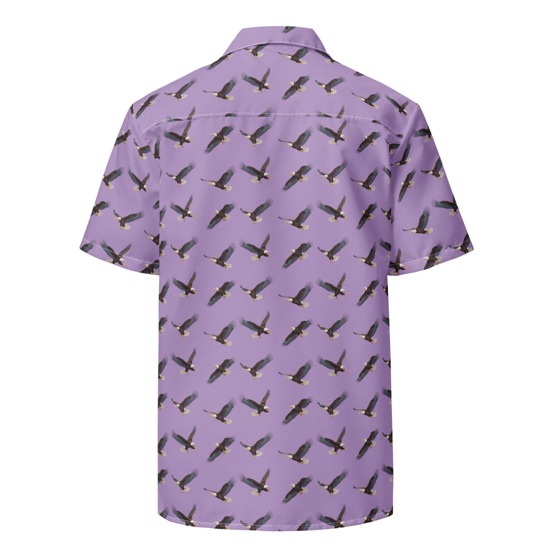 Purple button-down shirt with pattern of bald eagles.