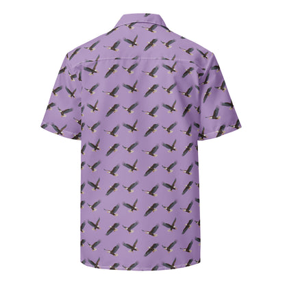 Purple button-down shirt with pattern of bald eagles.