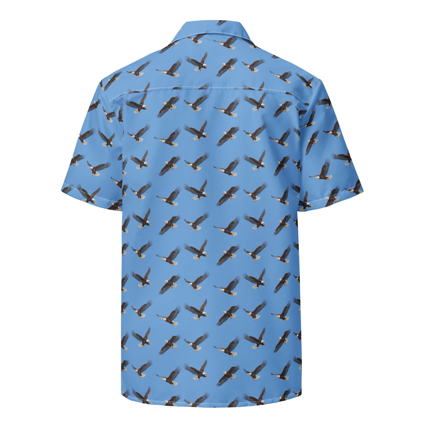 Blue button-down shirt with pattern of bald eagles.