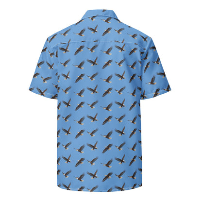 Blue button-down shirt with pattern of bald eagles.