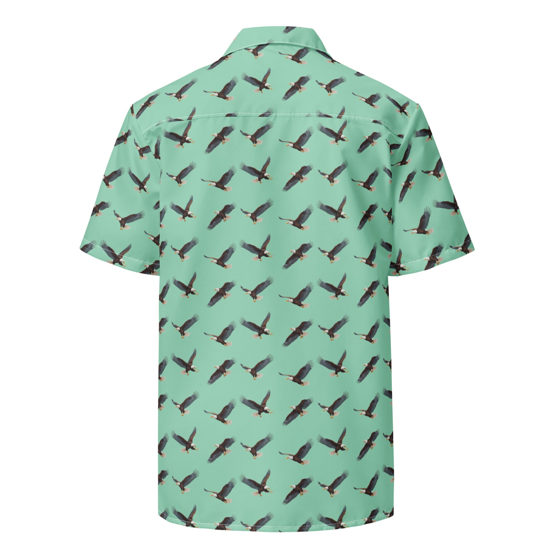Green button-down shirt with pattern of bald eagles.