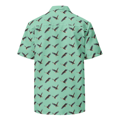 Green button-down shirt with pattern of bald eagles.