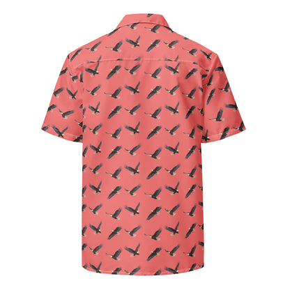 Red button-down shirt with pattern of bald eagles.