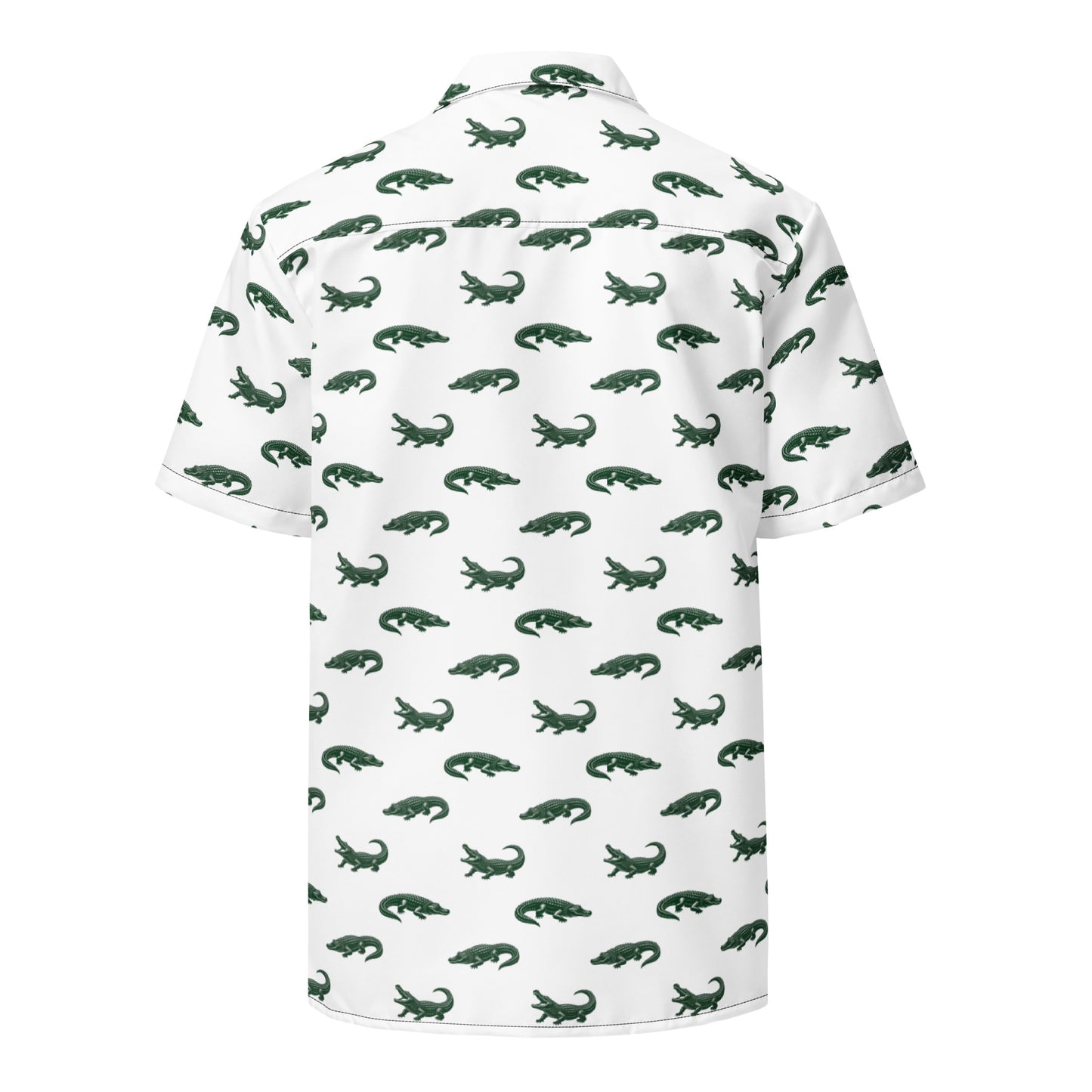 White button-down shirt with pattern of green alligators.