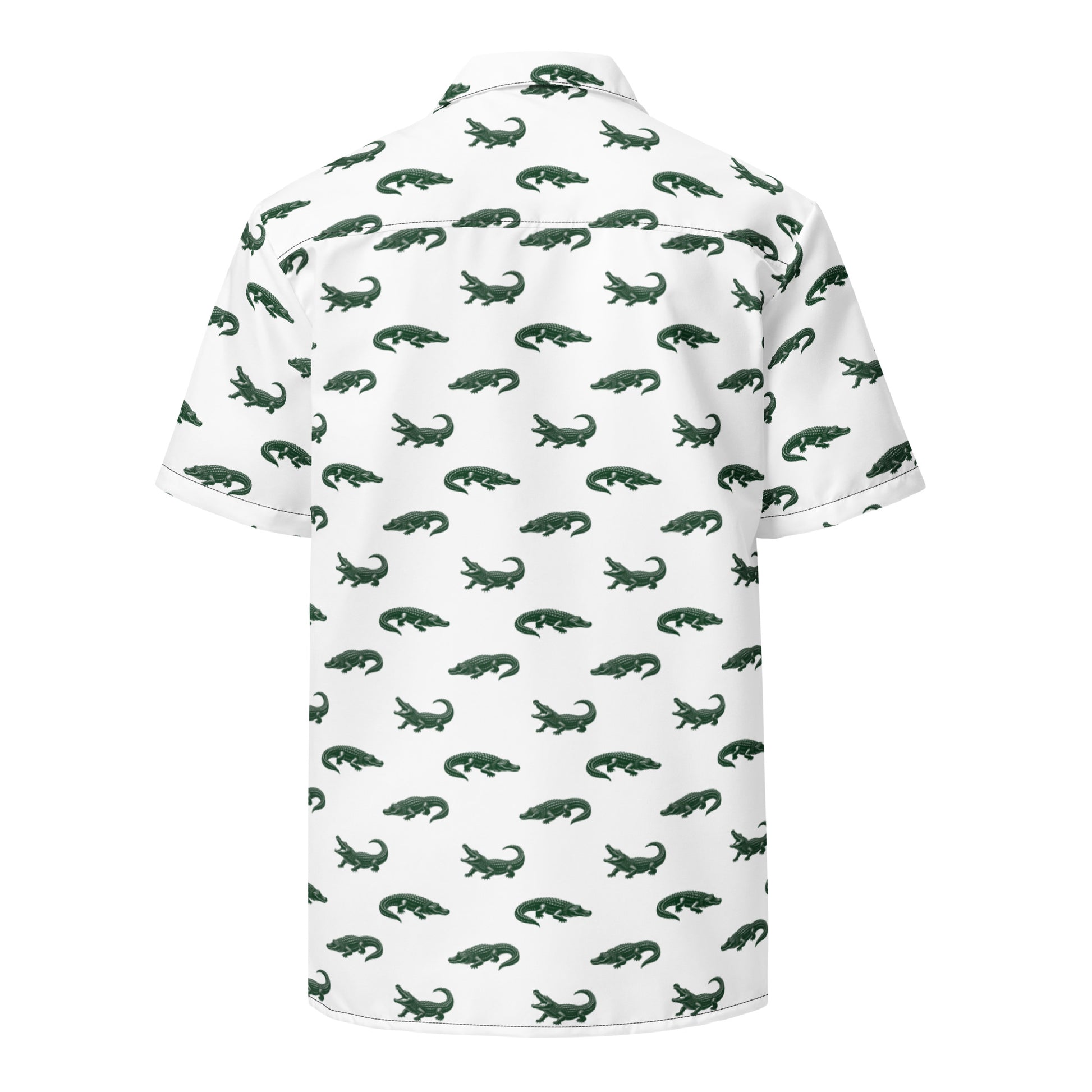 White button-down shirt with pattern of green alligators.