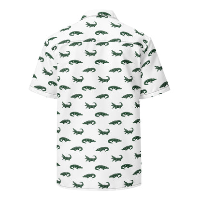 White button-down shirt with pattern of green alligators.