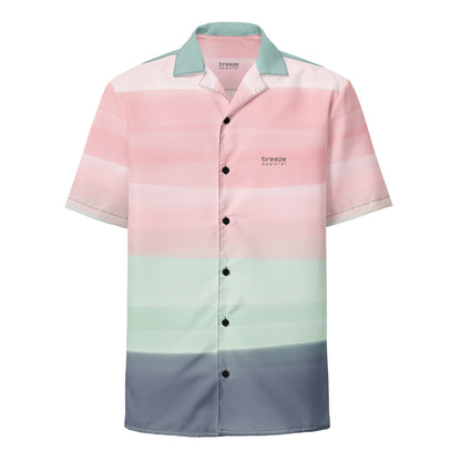 Button-down shirt with pattern of horizontal stripes that are a shade of pink, mint green, or gray, resembling a watercolor design.