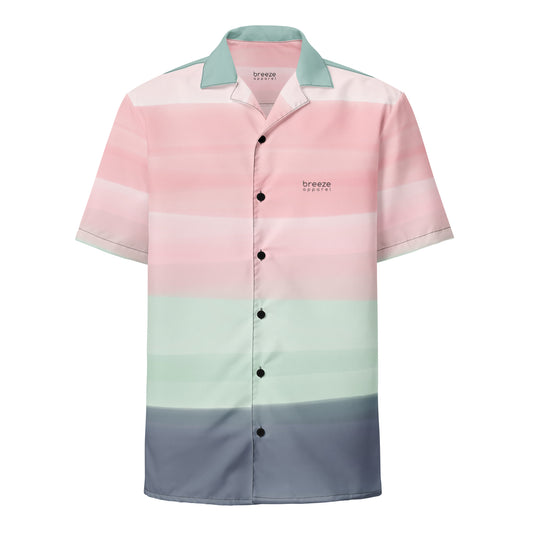 Button-down shirt with pattern of horizontal stripes that are a shade of pink, mint green, or gray, resembling a watercolor design.