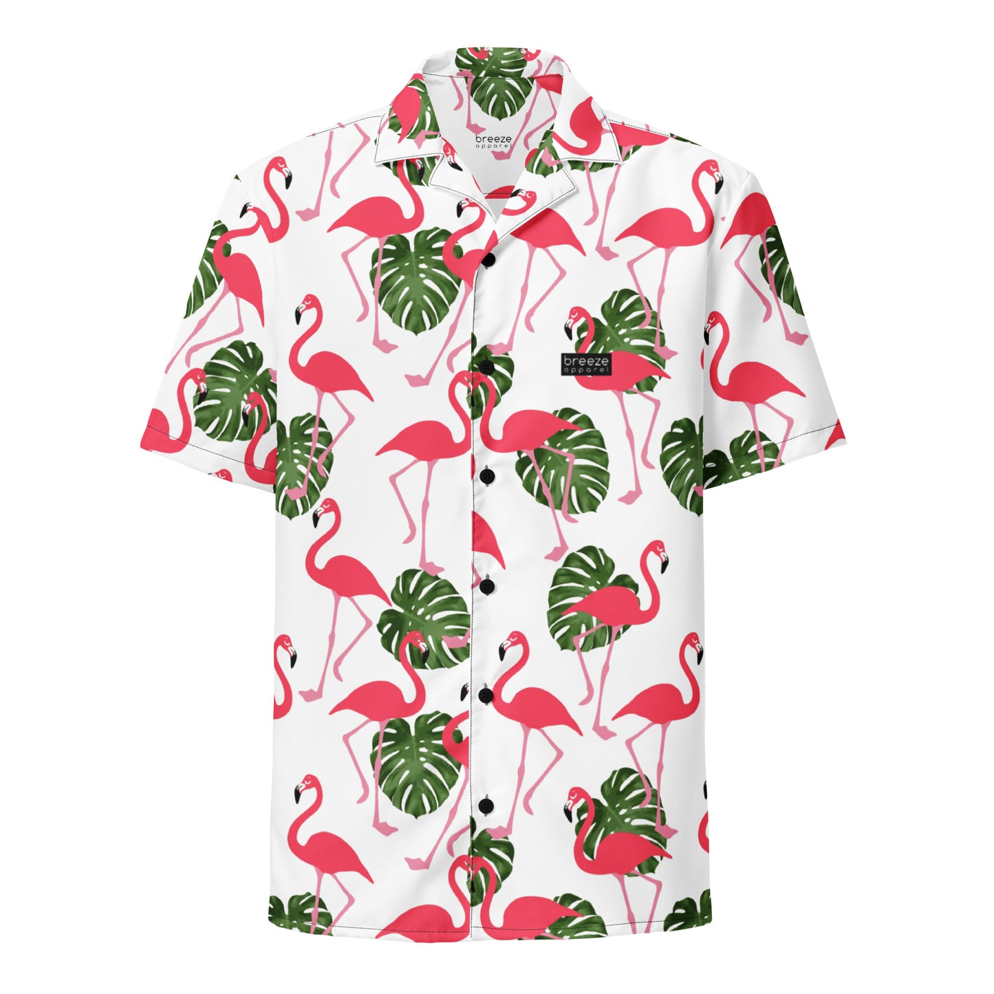 Button-down shirt with pattern of flamingos and green palm leaves set on a white background.