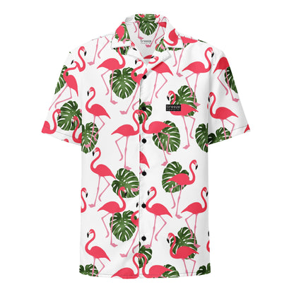Button-down shirt with pattern of flamingos and green palm leaves set on a white background.