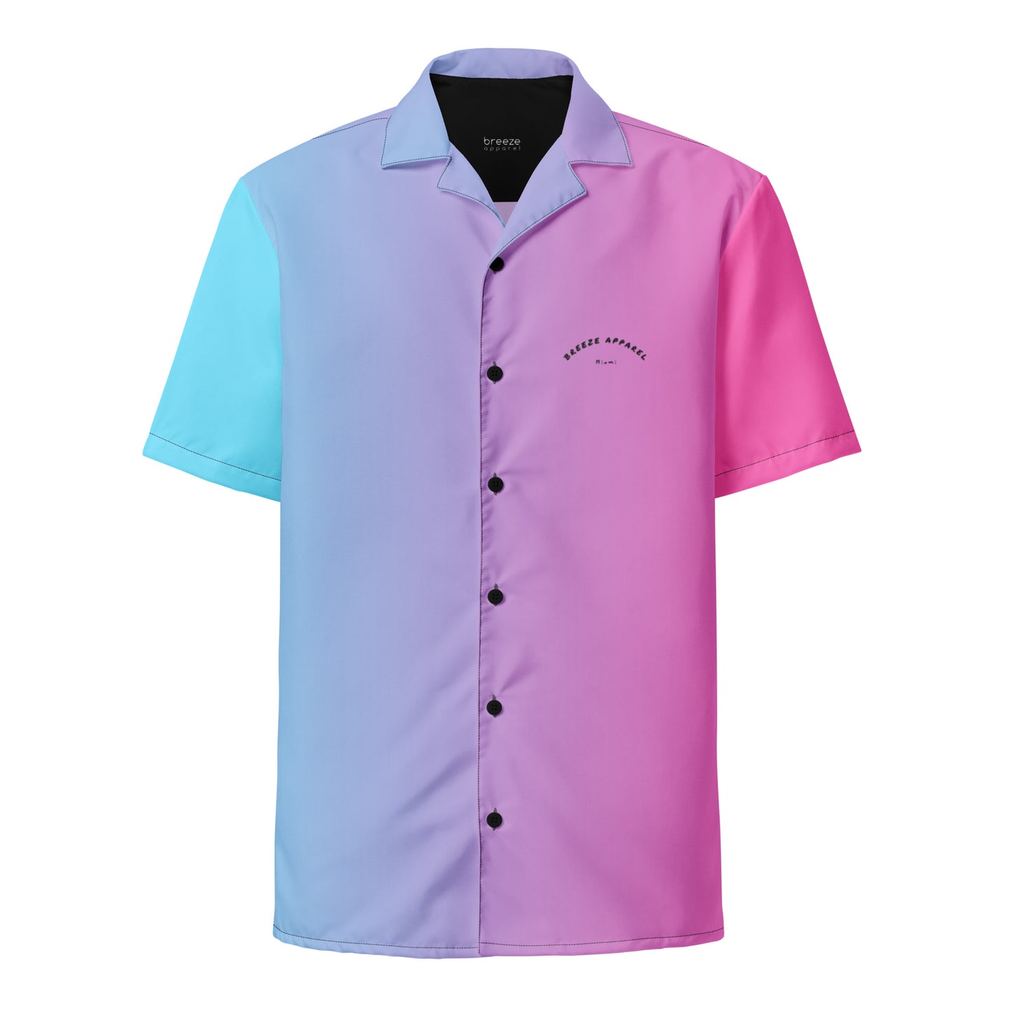 Button-down shirt with color scheme that fades from light blue, to purple, to pink.