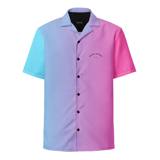 Button-down shirt with color scheme that fades from light blue, to purple, to pink.
