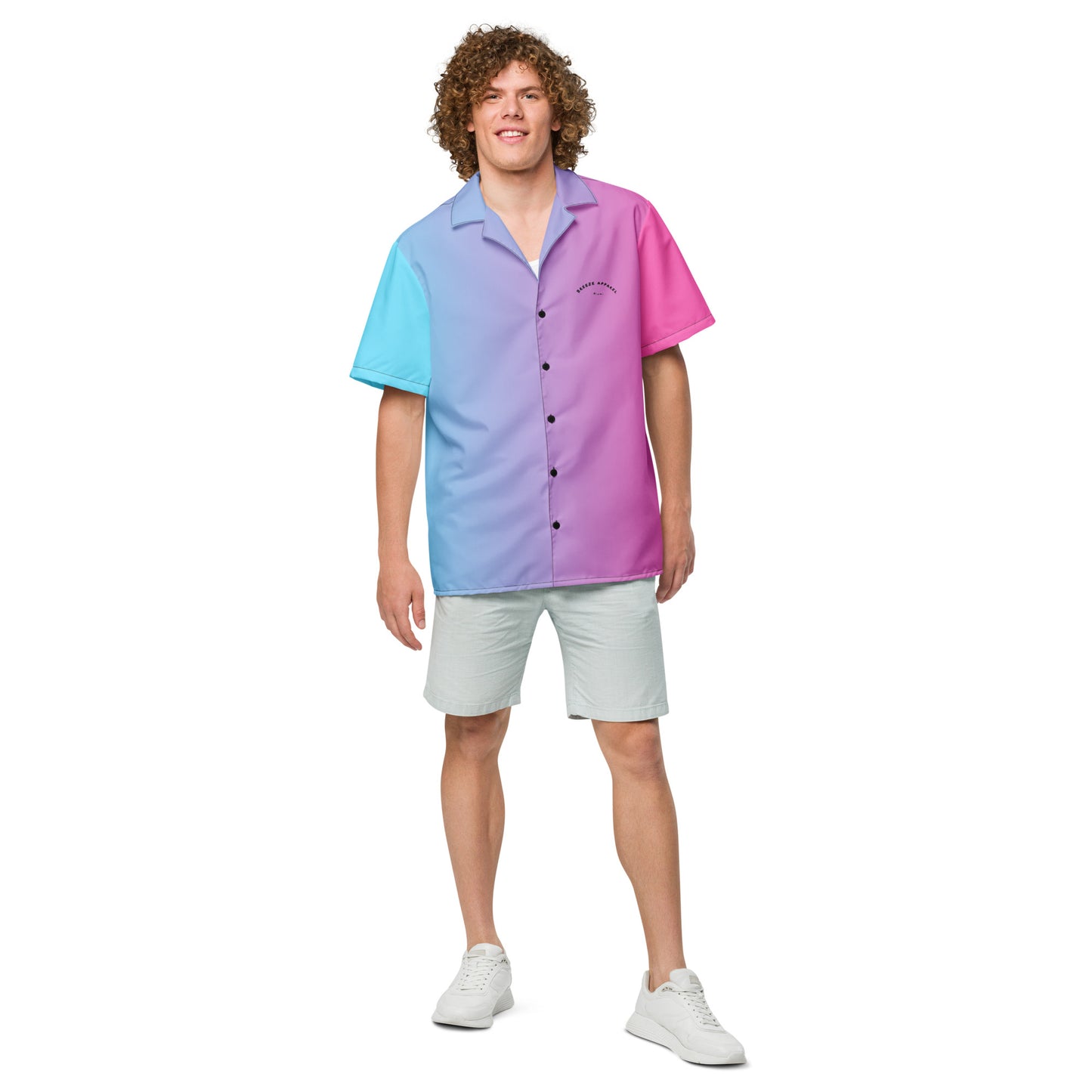 Man wearing button-down shirt with color scheme that fades from light blue, to purple, to pink.