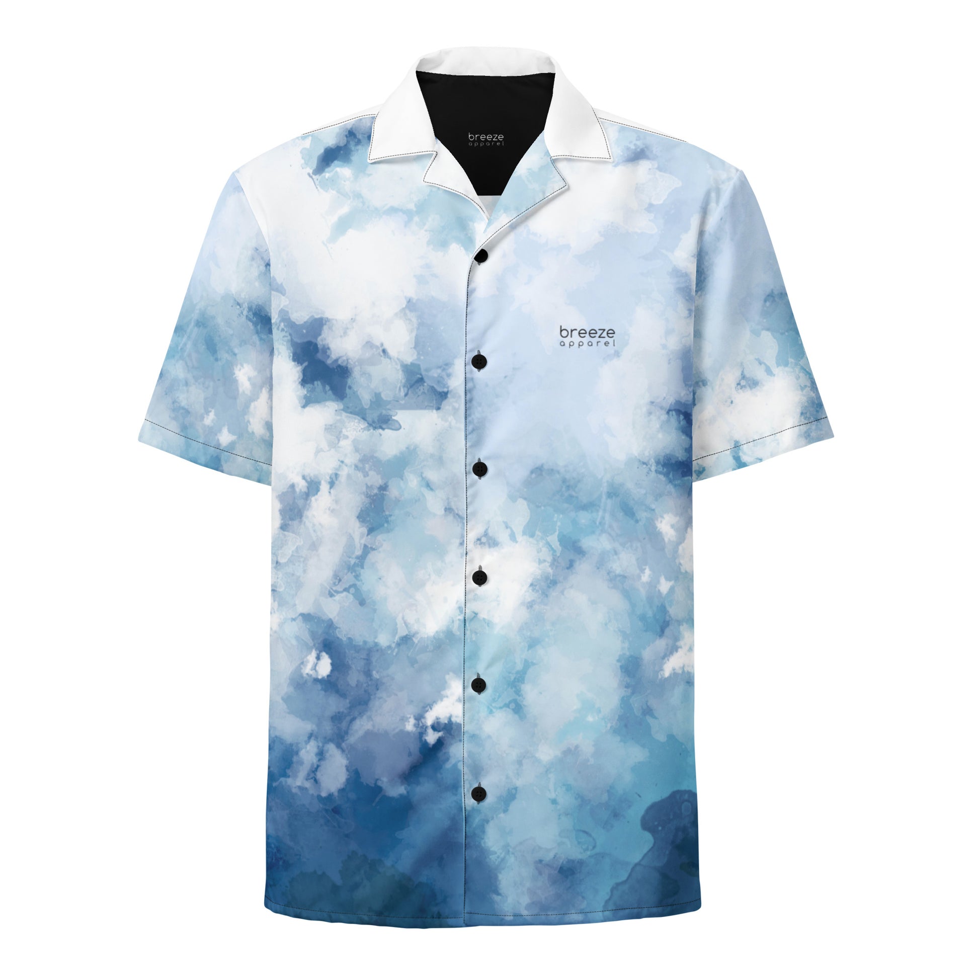 Button-down shirt with blue-white pattern resembling watercolor.