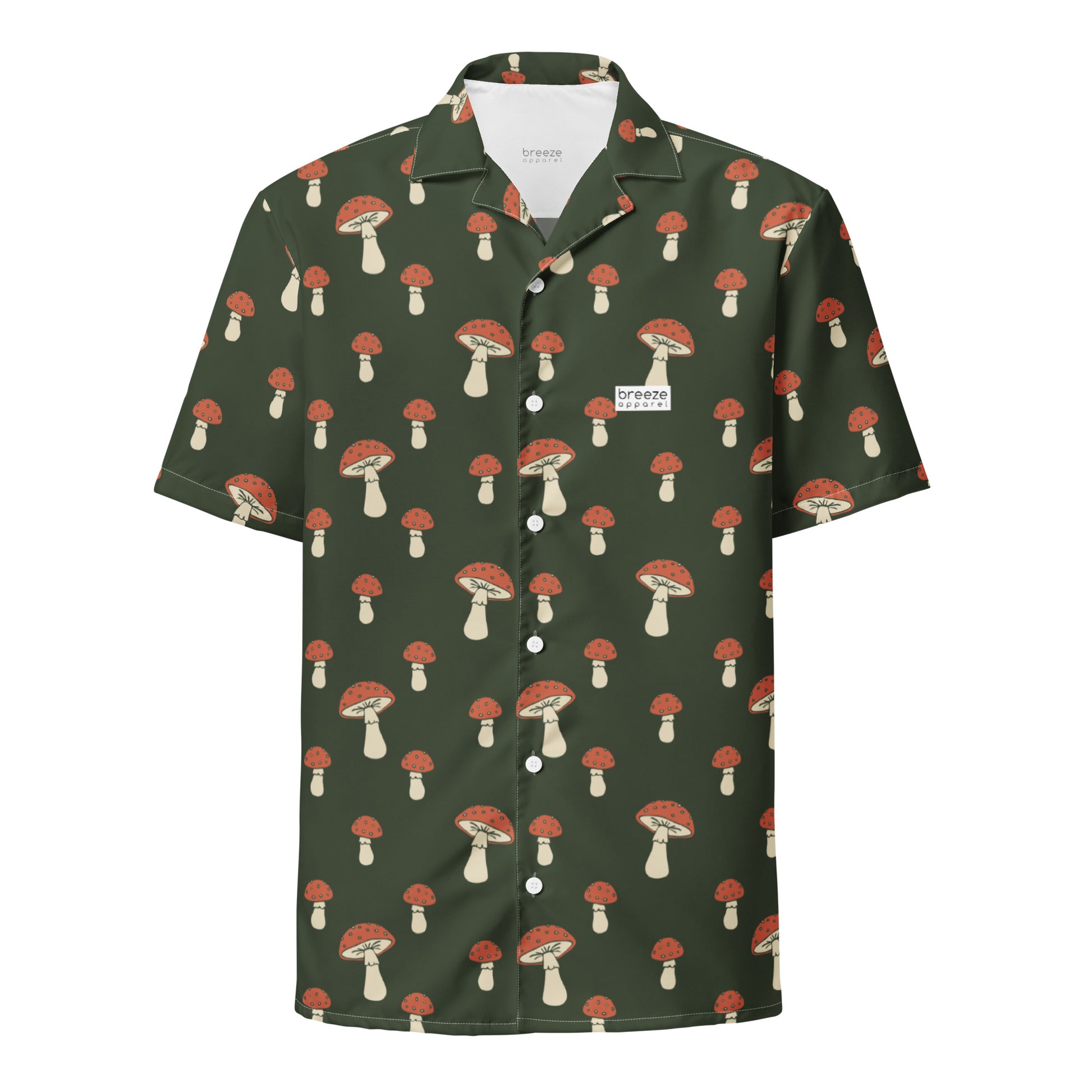 Button-down shirt with pattern of mushrooms set on a green background.