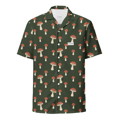 Button-down shirt with pattern of mushrooms set on a green background.