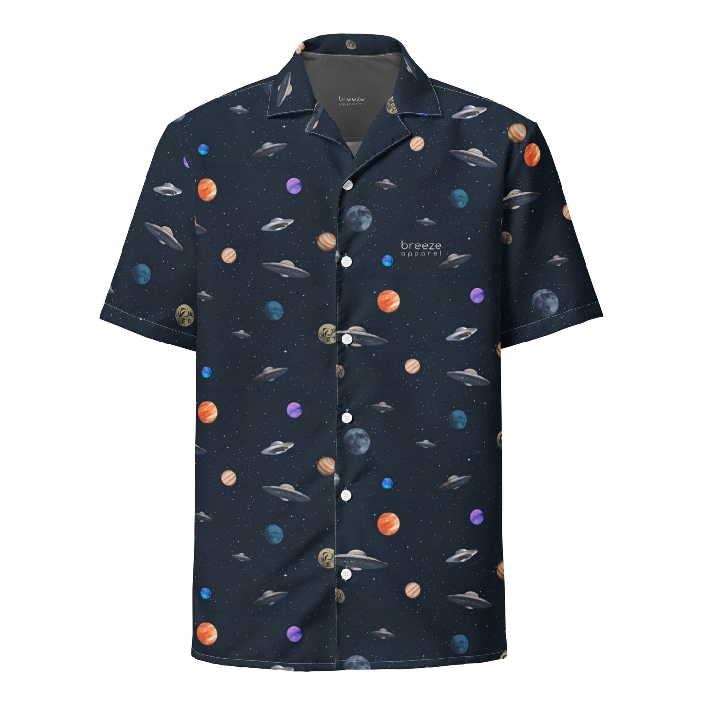 Button-down shirt with pattern of UFOs and planets in space.