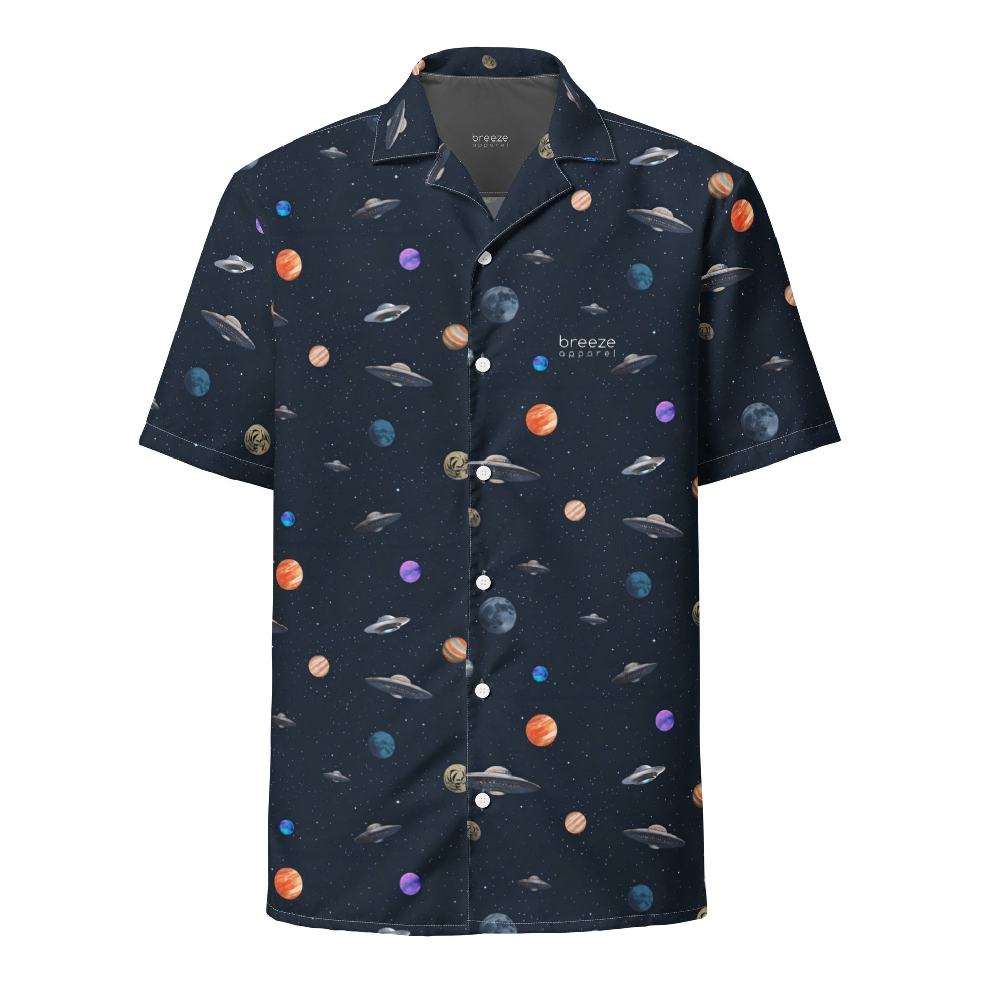 Button-down shirt with pattern of UFOs and planets in space.
