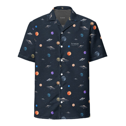 Button-down shirt with pattern of UFOs and planets in space.