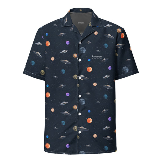 Button-down shirt with pattern of UFOs and planets in space.