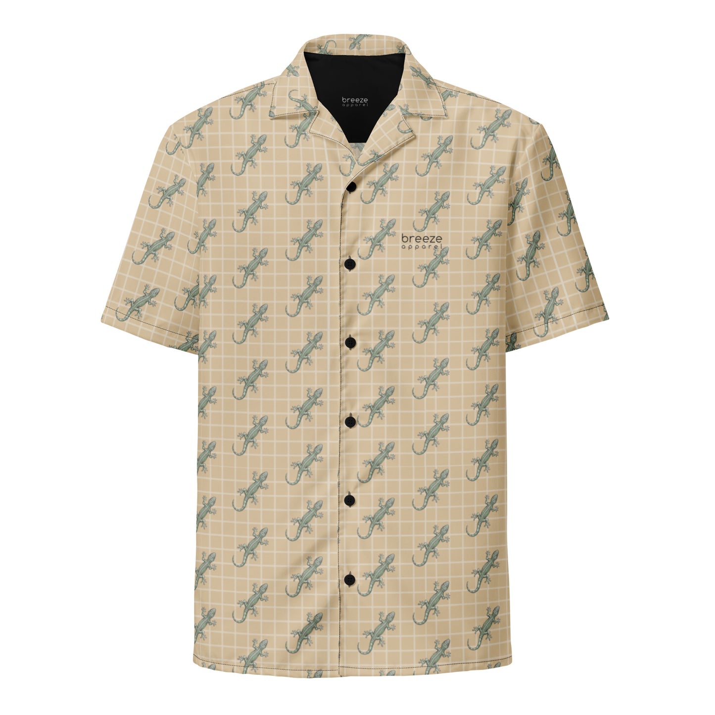 Beige button-down shirt with pattern of green geckos.