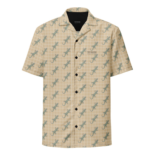 Beige button-down shirt with pattern of green geckos.