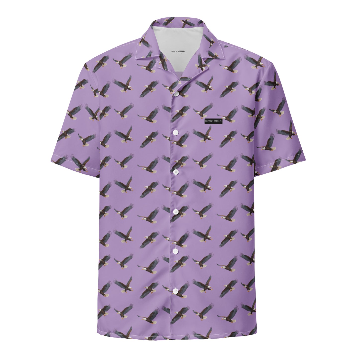 Purple button-down shirt with pattern of bald eagles.