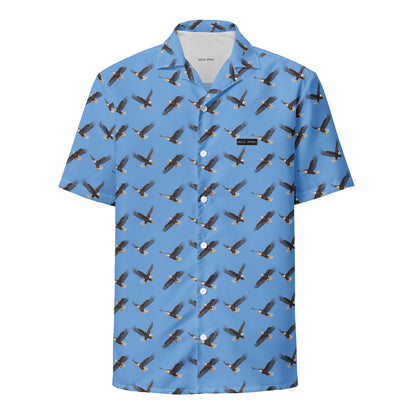 Blue button-down shirt with pattern of bald eagles.