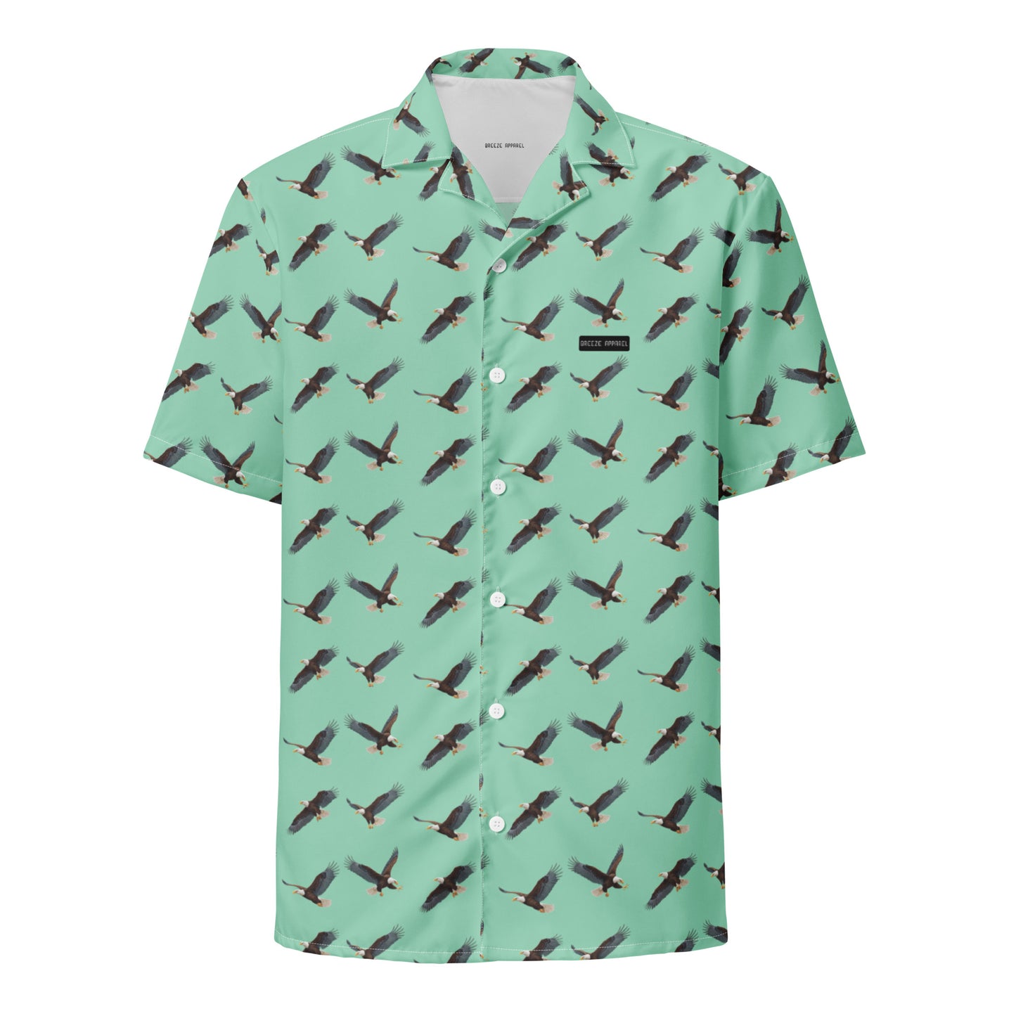 Green button-down shirt with pattern of bald eagles.