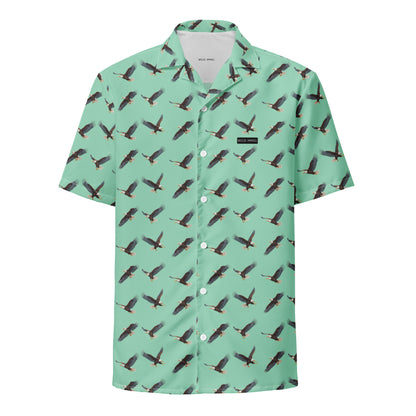 Green button-down shirt with pattern of bald eagles.