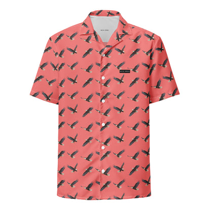 Red button-down shirt with pattern of bald eagles.
