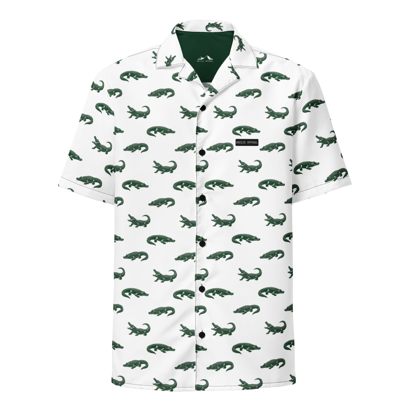 White button-down shirt with pattern of green alligators.