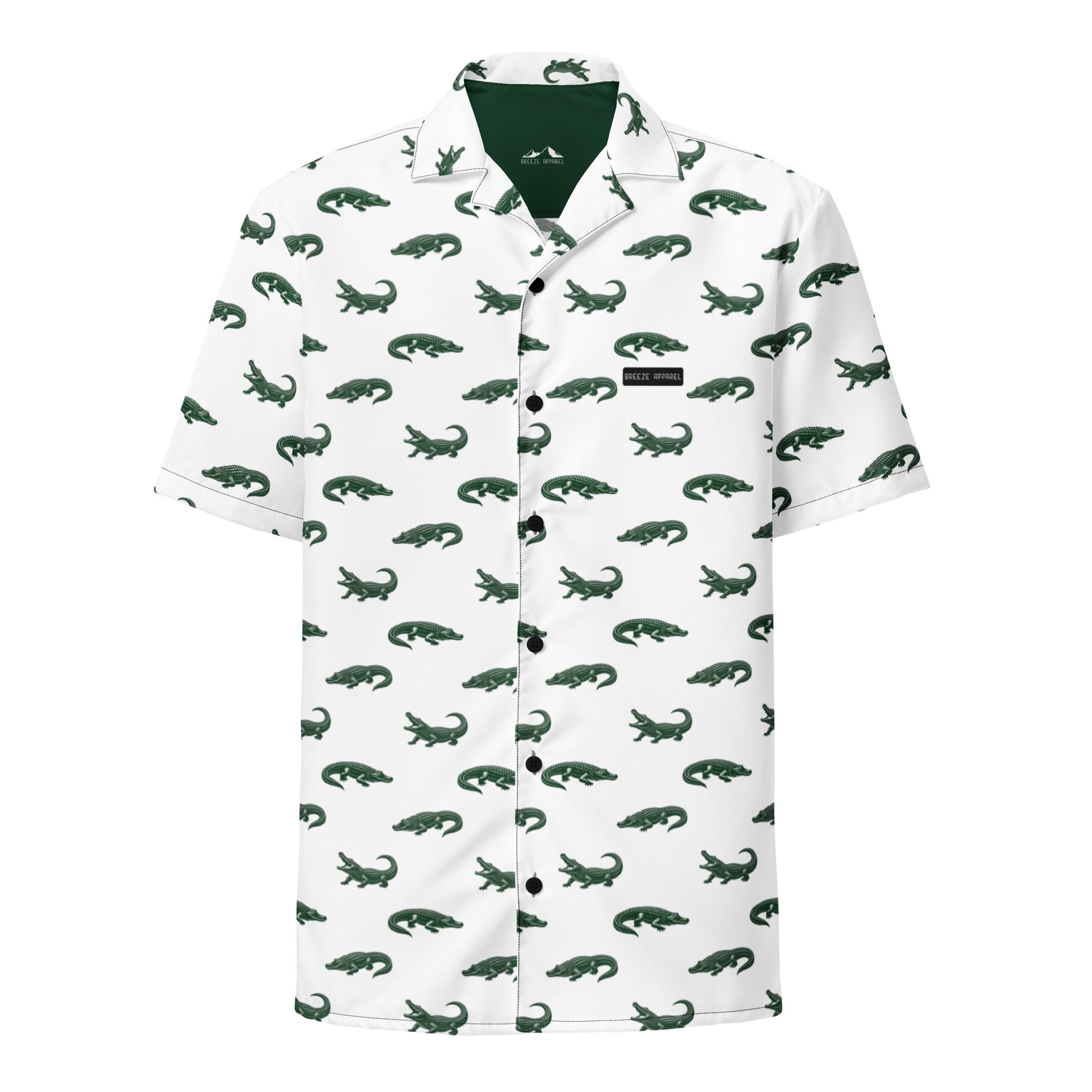 White button-down shirt with pattern of green alligators.
