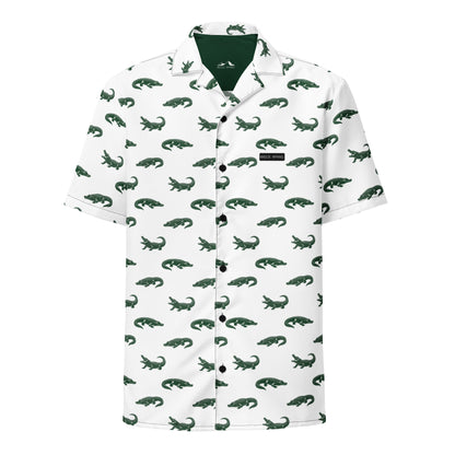 White button-down shirt with pattern of green alligators.