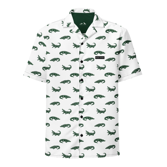 White button-down shirt with pattern of green alligators.
