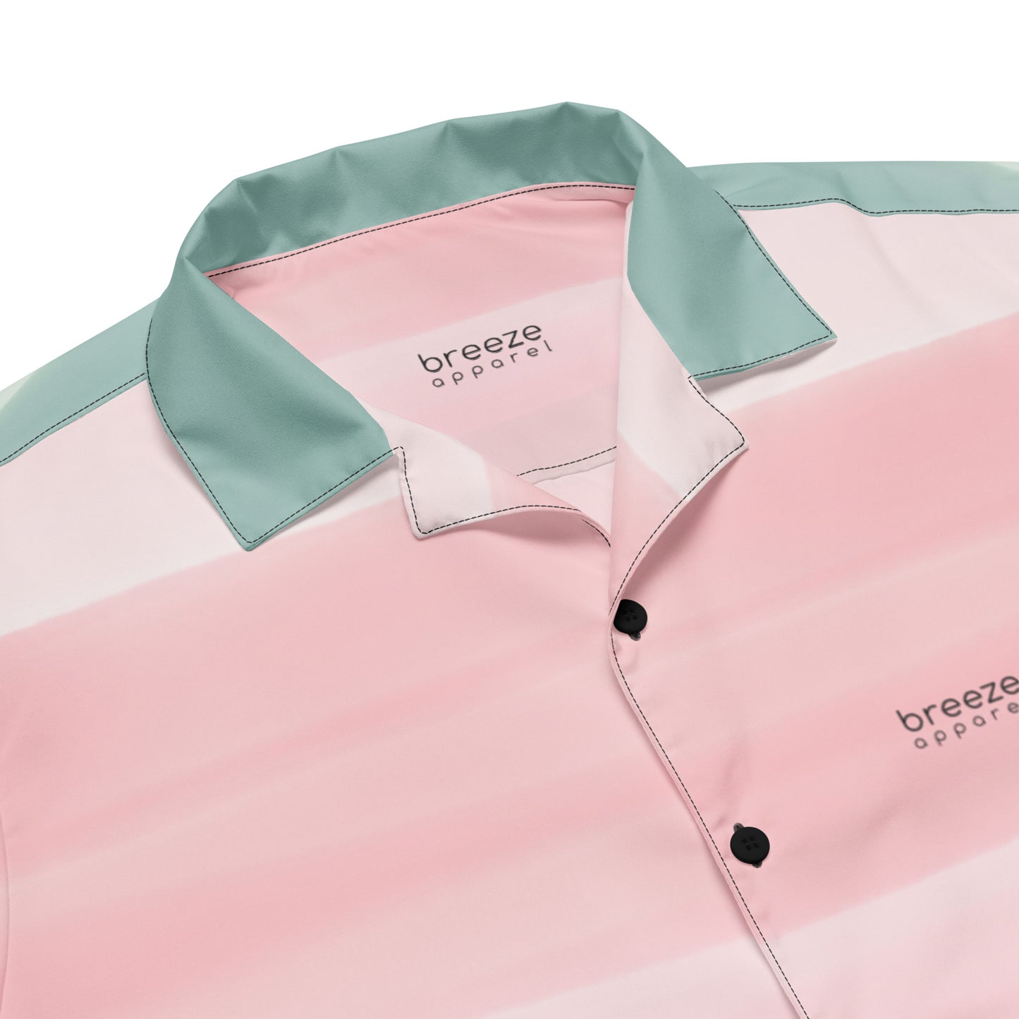 Button-down shirt with pattern of horizontal stripes that are a shade of pink, mint green, or gray, resembling a watercolor design.