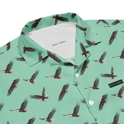 Green button-down shirt with pattern of bald eagles.